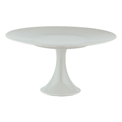 A white porcelain cake stand with a round top and a pedestal base.