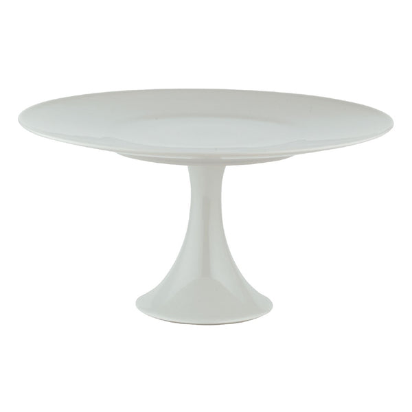 A white porcelain cake stand with a round top and a pedestal base.