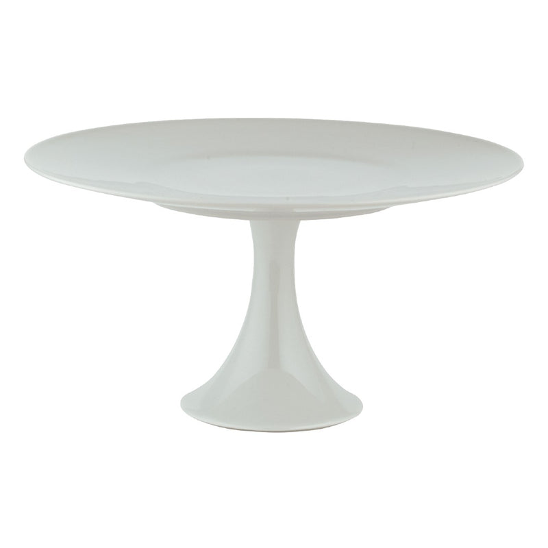 A white porcelain cake stand with a round top and a pedestal base.