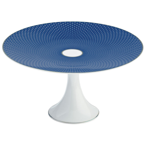Raynaud Trésor Bleu Limoges porcelain cake stand petit four 22cm in cobalt blue with platinum honeycomb design