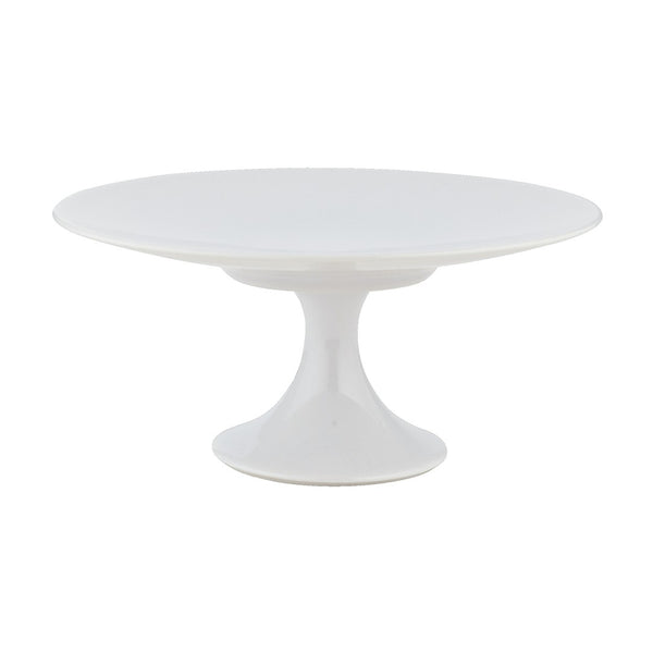 A white porcelain cake stand with a round top and a cylindrical pedestal base.