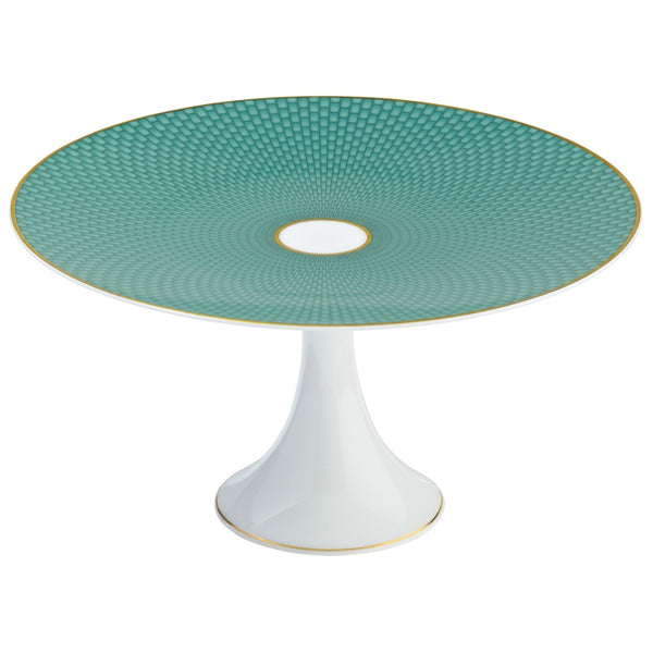 Raynaud Trésor turquoise porcelain cake stand petit four 22cm with gold-accented honeycomb design