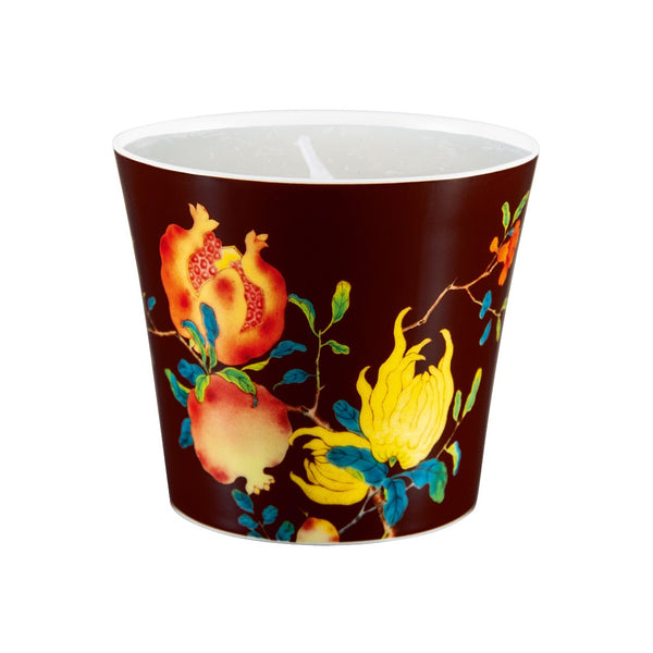 Harmonia brown porcelain candle pot with a floral pattern, featuring enamel details in a multicolored design.