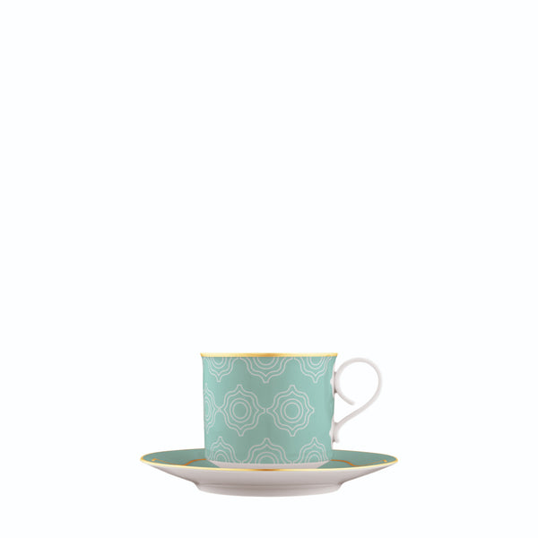 Cappuccino Cup and Saucer Carlo Este by FÜRSTENBERG in fine porcelain with gold and green mosaic-inspired design by Carlo Dal Bianco.