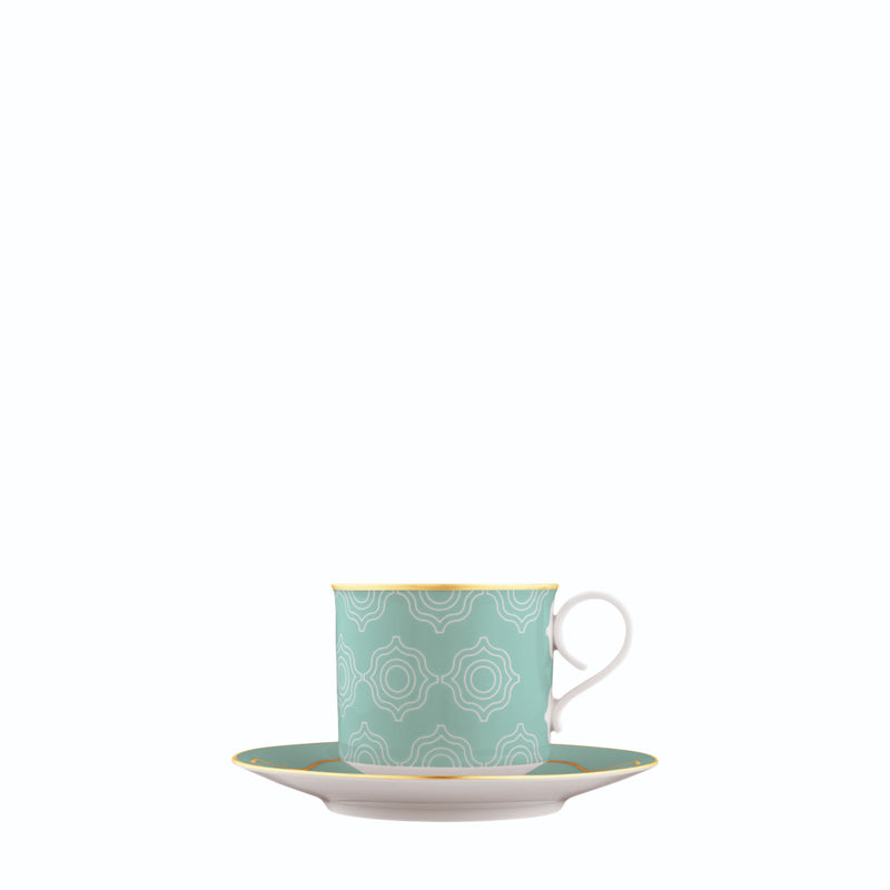 Cappuccino Cup and Saucer Carlo Este by FÜRSTENBERG in fine porcelain with gold and green mosaic-inspired design by Carlo Dal Bianco.