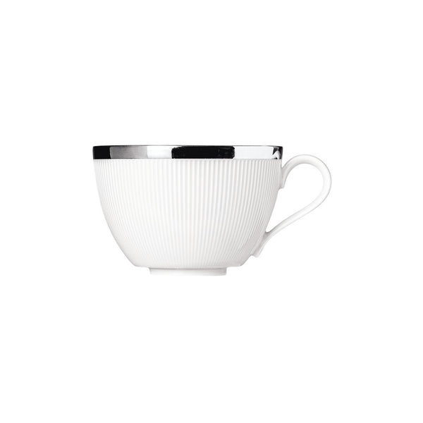 A white porcelain cappuccino cup with a platinum finish and a handle, presented against a plain background.