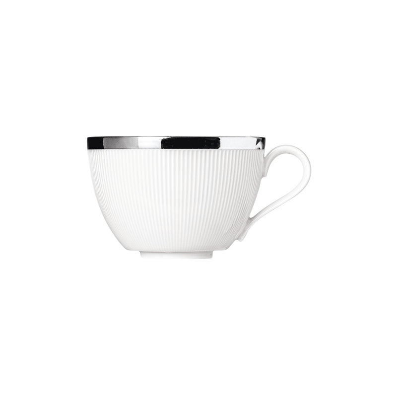 A white porcelain cappuccino cup with a platinum finish and a handle, presented against a plain background.