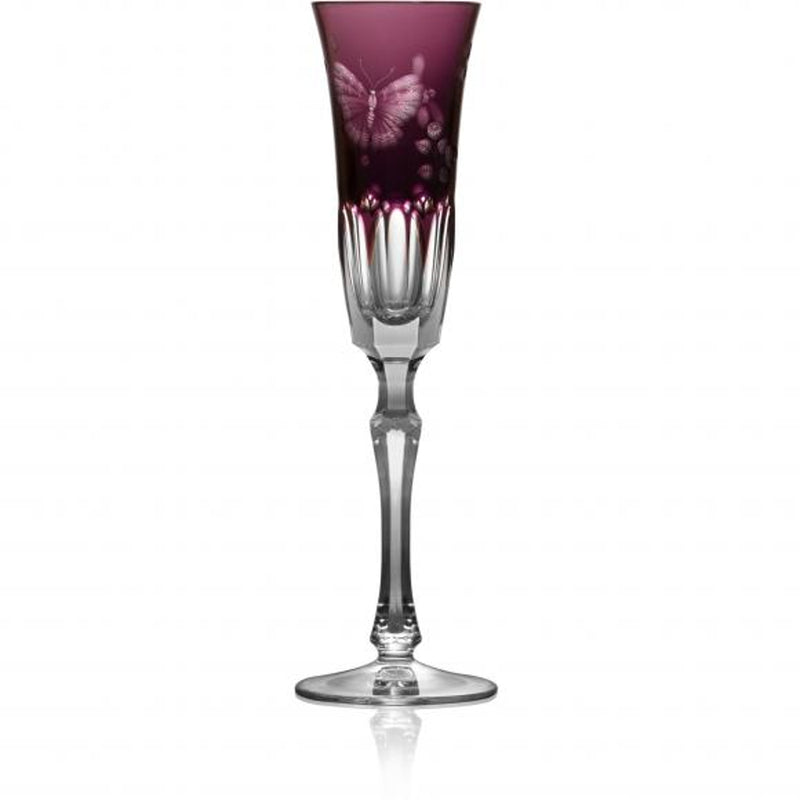 Luxury Champagne Flute in Amethyste Crystal with Butterfly and Leaf Engraving – Springtime by Varga Crystal