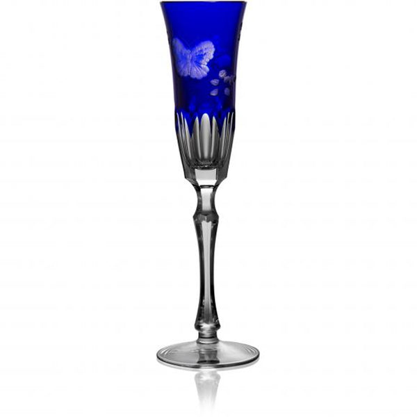 Luxury Champagne Flute in Cobalt Blue Crystal with Butterfly and Leaf Engraving – Springtime by Varga Crystal