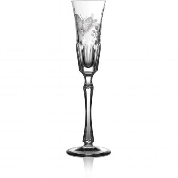 A clear champagne flute with a open, swirling design and engraved Butterfly and Leaf Engraving – Springtime by Varga Crystal