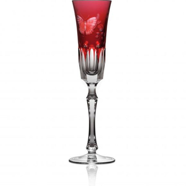 Luxury Champagne Flute in Raspberry Red Crystal with Butterfly and Leaf Engraving – Springtime by Varga Crystal