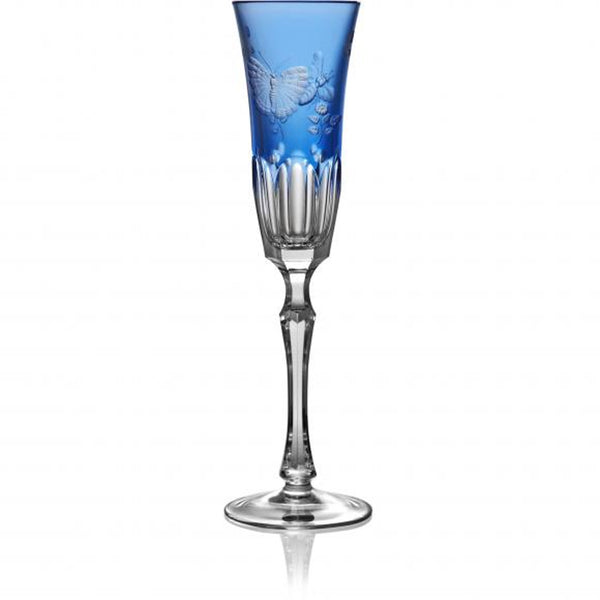 Luxury Champagne Flute in Sky Blue Crystal with Butterfly and Leaf Engraving – Springtime by Varga Crystal