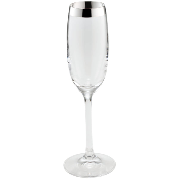 A clear crystal champagne glass with a silver decoration on the side, part of the Fine Silver Decor collection by Sonja Quandt.