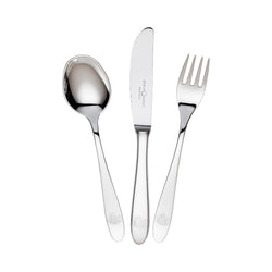 Silver-plated 3-piece children’s cutlery set with engraved duck motif by Sonja Quandt.
