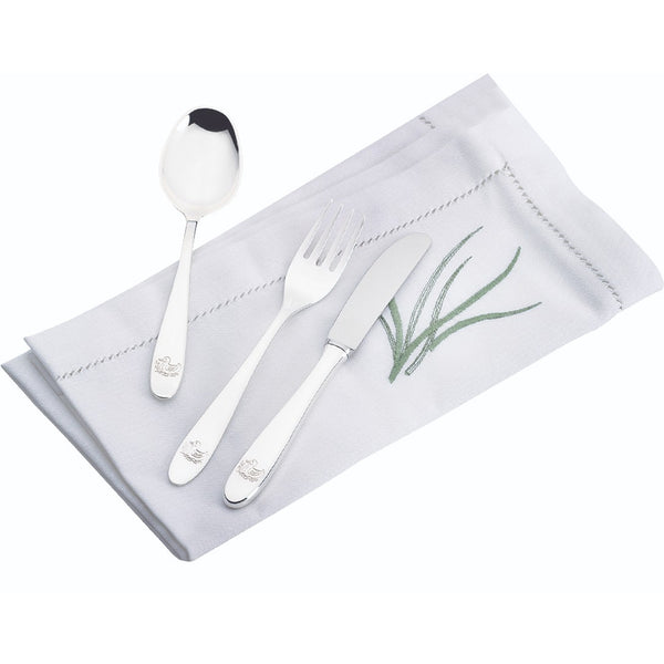 Styled Silver-plated 3-piece children’s cutlery set with engraved duck motif by Sonja Quandt.