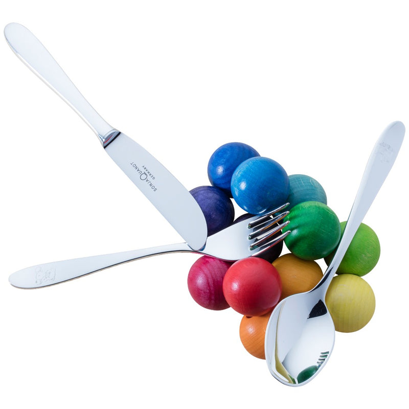 Styled Silver-plated 3-piece children’s cutlery set with engraved teddy bear motif by Sonja Quandt.