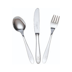 Sterling silver 3-piece children’s cutlery set with engraved teddy motif by Sonja Quandt.