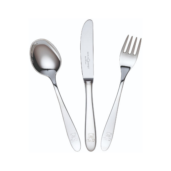 Sterling silver 3-piece children’s cutlery set with engraved teddy motif by Sonja Quandt.