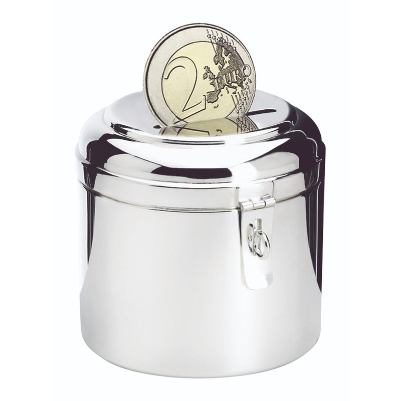 Silver-plated children’s money bank box by Sonja Quandt, elegant round design with coin slot, luxury christening or birthday gift.