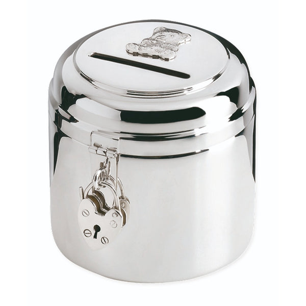 Silver plated children's money bank box with a teddy bear design on the lid.