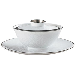 Raynaud Minéral Platinum Chinese soup set with porcelain bowl and lid, accented by platinum rim, made in Limoges