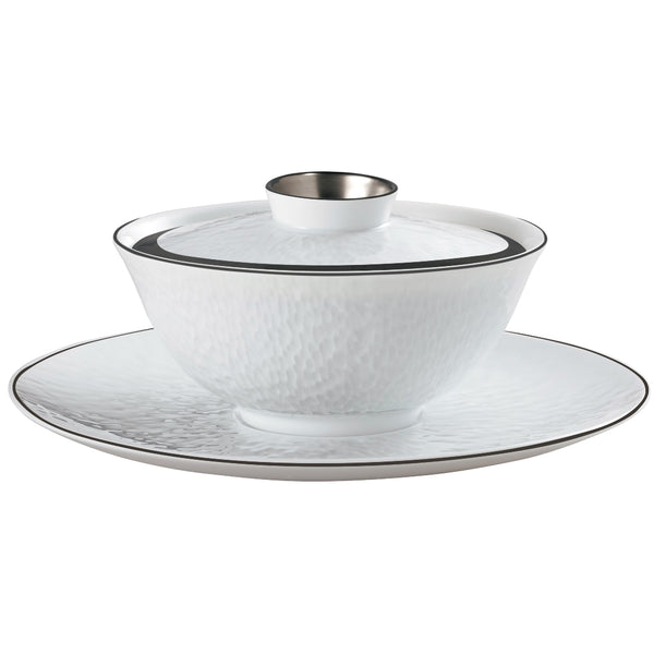 Raynaud Minéral Platinum Chinese soup set with porcelain bowl and lid, accented by platinum rim, made in Limoges