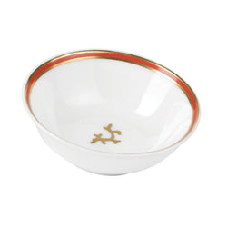 Luxury porcelain Chinese soy dish Cristobal Rouge red coral motif with gold rim by Raynaud