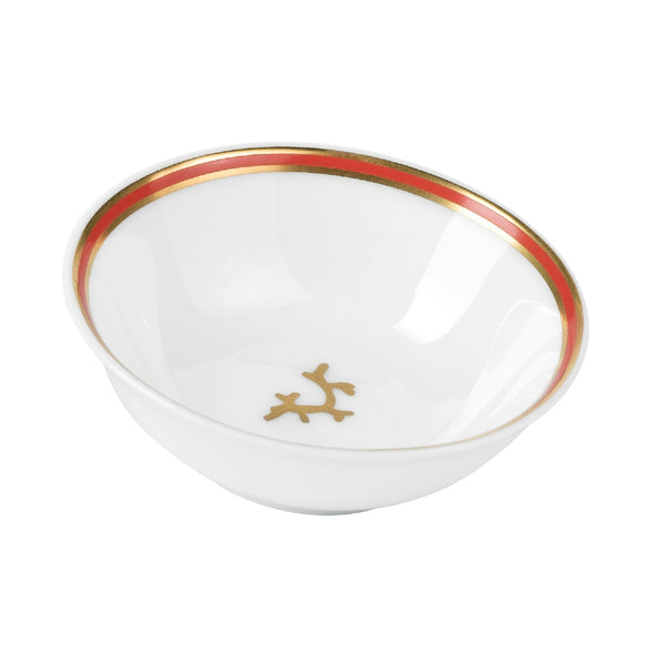 Luxury porcelain Chinese soy dish Cristobal Rouge red coral motif with gold rim by Raynaud