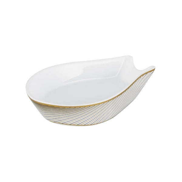 A white and gold colored Raynaud porcelain spoon holder with curved edges.