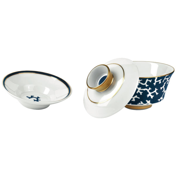 A set of three pieces of Chinese Tea Set Cristobal Marine porcelain by Raynaud with marine blue coral motifs and gold accents