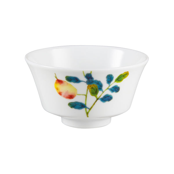 Harmonia luxury porcelain Chinese tea cup decorated with fruit and floral motifs inspired by Chinese imperial art by Raynaud