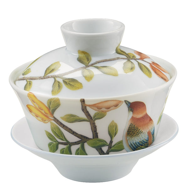 asian tea set with saucer and lid in white with floral and birds design