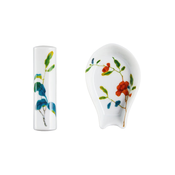 Harmonia luxury porcelain chopstick rest and chinese spoon with botanical motif inspired by Chinese imperial art by Raynaud
