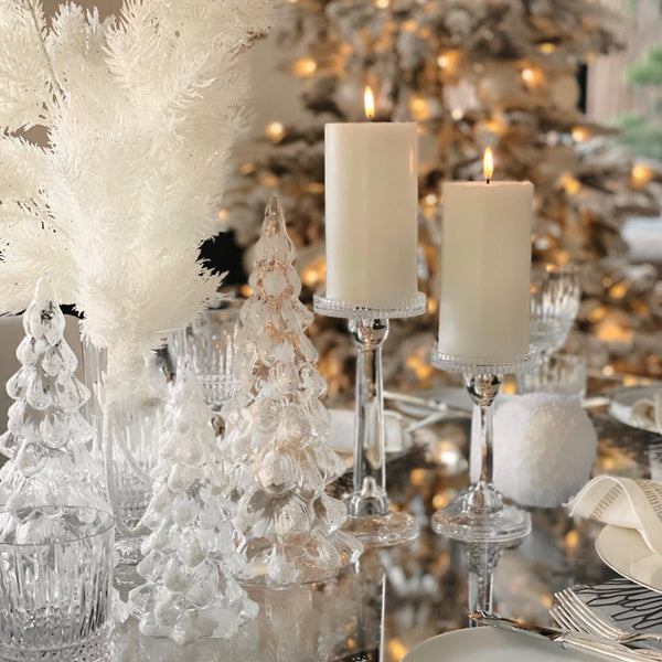 Styled festive table with Glittery white glass Christmas tree by Shishi, 20cm tall, elegant holiday decoration for refined festive table or interior styling.