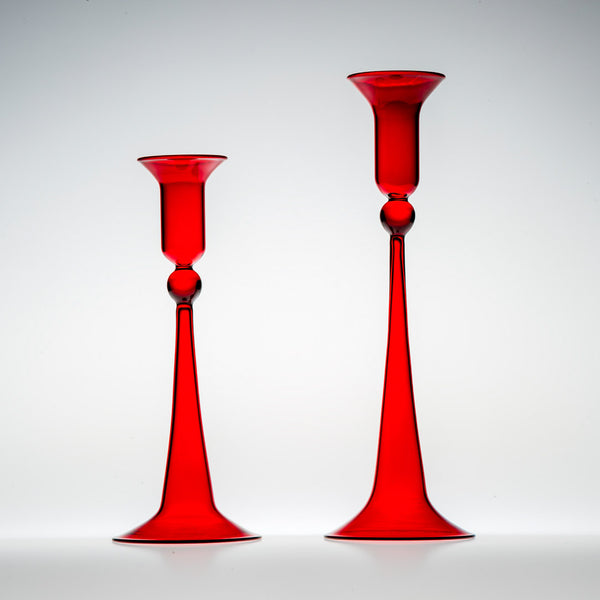 2 sizes red glass candleholder with elegant curves, handmade by Casa Rialto