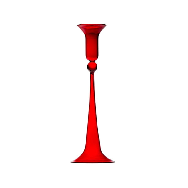 A tall red glass candle holder with a sleek design, featuring a narrow base and a wide top, against a white background.