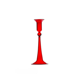 A red, handcrafted glass candle holder with a sleek, transparent design, standing upright against a white background.