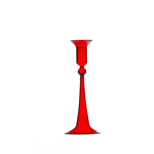 A red, handcrafted glass candle holder with a sleek, transparent design, standing upright against a white background.