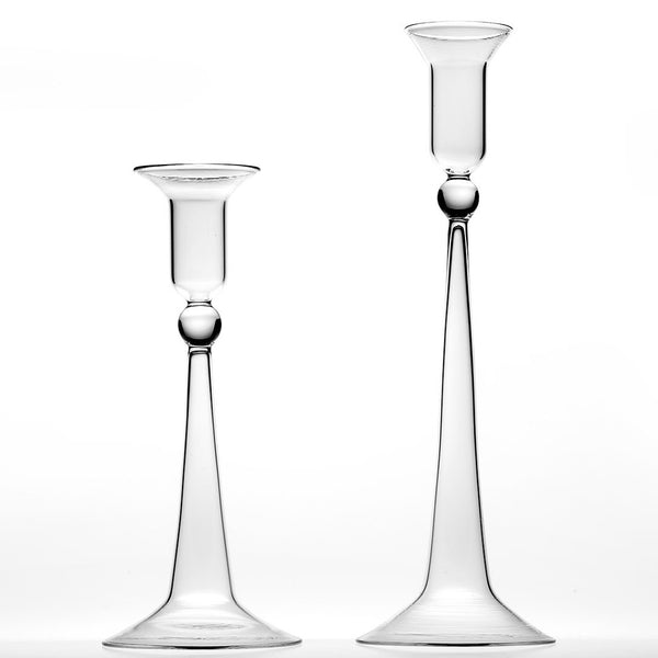 Set of 2 clear glass candleholders with curved classic shape, handmade by Casa Rialto