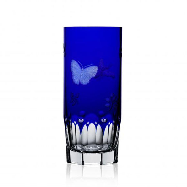 Luxury Highball Glass in Cobalt Blue Crystal with Butterfly and Leaf Engraving – Springtime by Varga Crystal