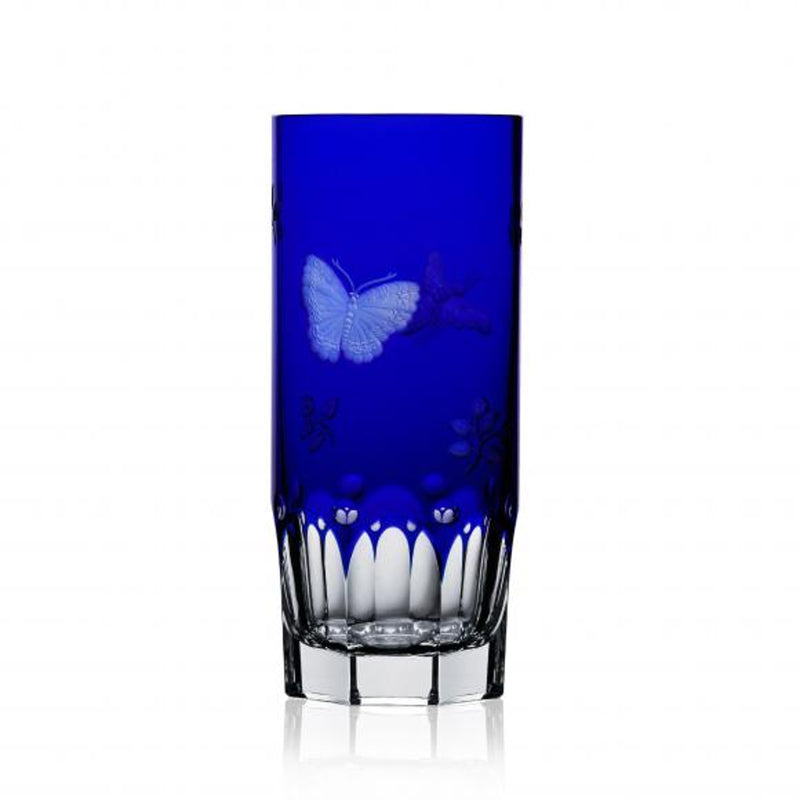 Luxury Highball Glass in Cobalt Blue Crystal with Butterfly and Leaf Engraving – Springtime by Varga Crystal