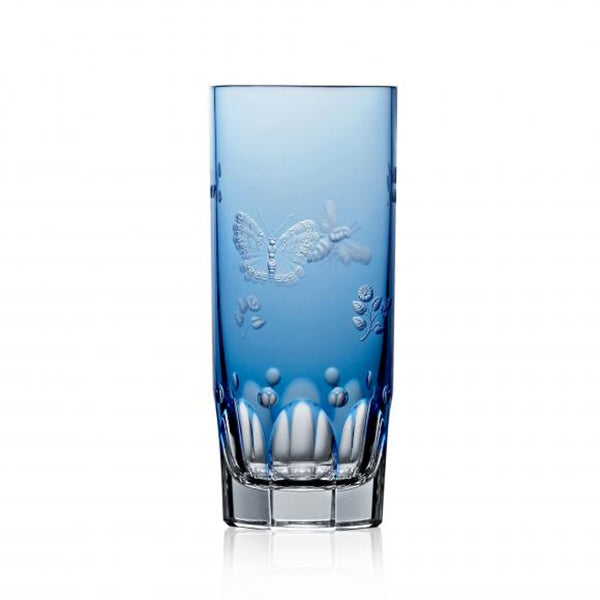 Luxury Highball Cocktail Glass in Sky Blue Crystal with Butterfly and Leaf Engraving – Springtime by Varga Crystal