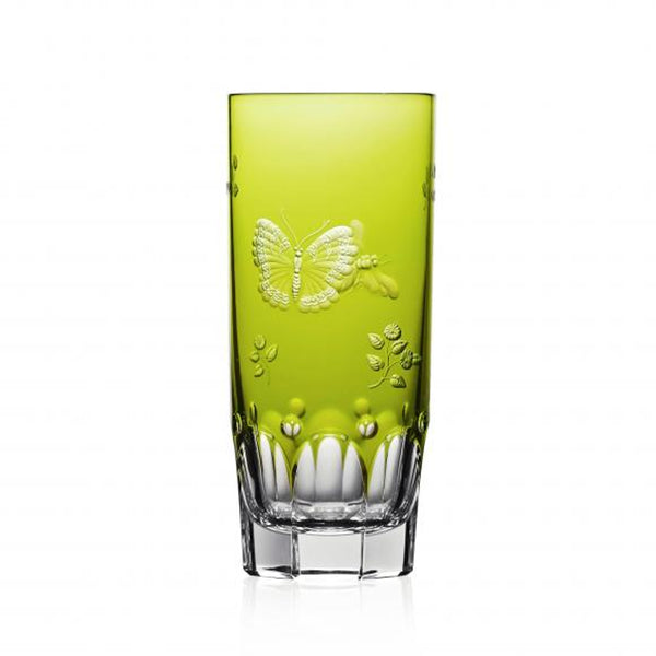 Luxury Highball Glass in Yellow-Green Crystal with Butterfly and Leaf Engraving – Springtime by Varga Crystal