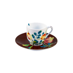 Harmonia luxury porcelain coffee cup and saucer with brown background fruit and floral motifs inspired by Chinese imperial art by Raynaud, in gift box