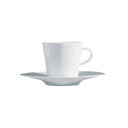 A white porcelain coffee cup with a saucer, featuring a wide rim and a handle on the cup, against a plain background.