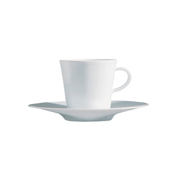 A white porcelain coffee cup with a saucer, featuring a wide rim and a handle on the cup, against a plain background.