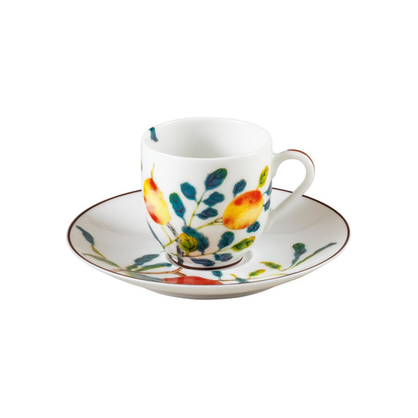 Harmonia luxury porcelain coffee cup and saucer in white with fruit and floral motifs inspired by Chinese imperial art by Raynaud, in gift box