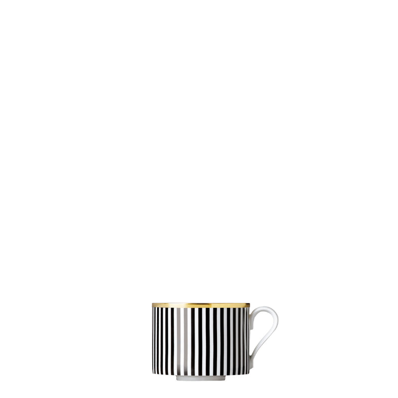 A porcelain coffee cup from my china ca d oro collection with black and white vertical stripes and gold rim by sieger furstenberg