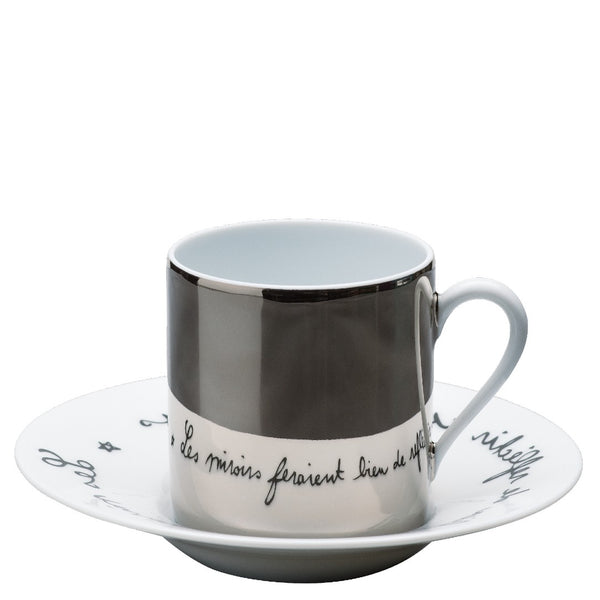 Raynaud porcelain coffee cup platinum mirror with saucer Orphée à la Lyre