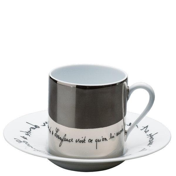 Raynaud porcelain coffee cup platinum mirror with saucer Protée Jean Cocteau